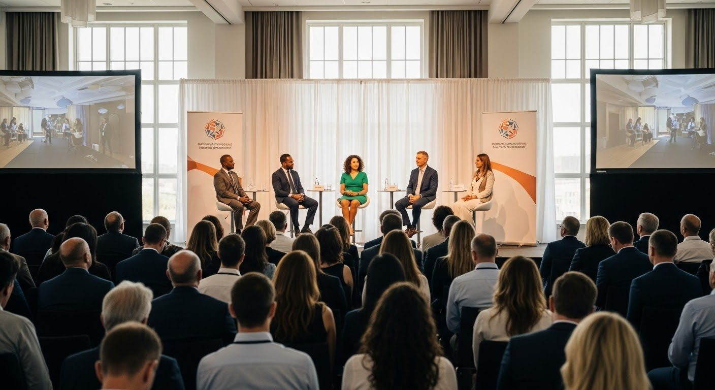 Conferência corporativa com executivos apresentando para o público