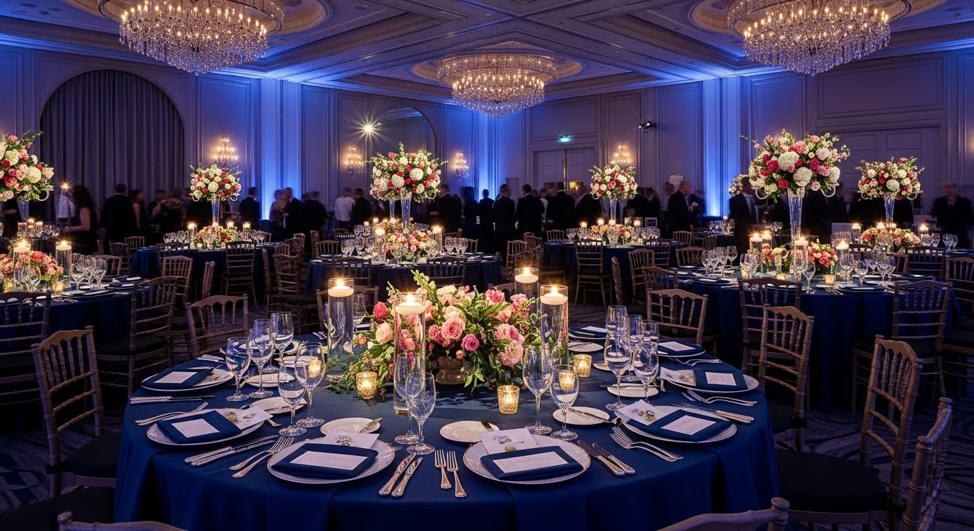 Jantar de gala formal com elegantes mesas decoradas
