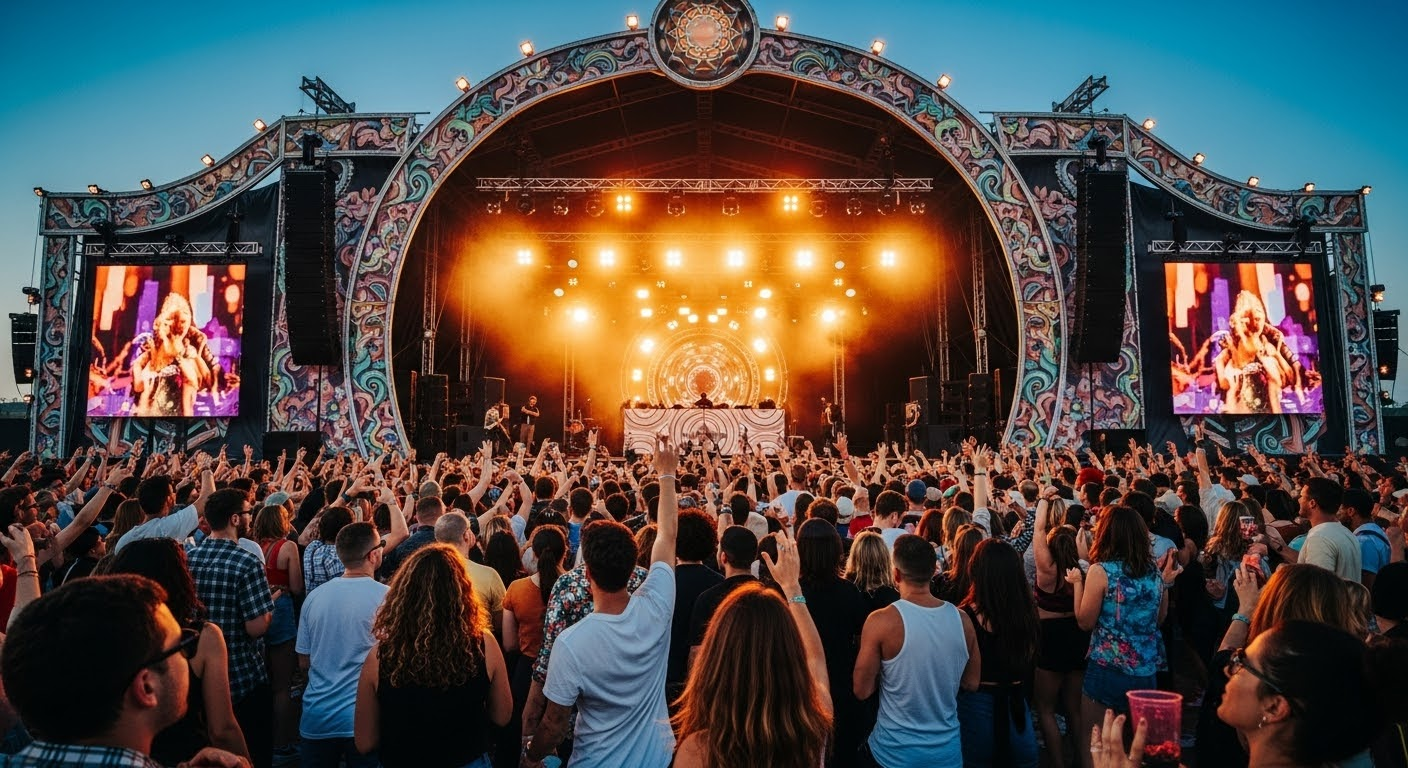 Outdoor music festival with crowd and stage